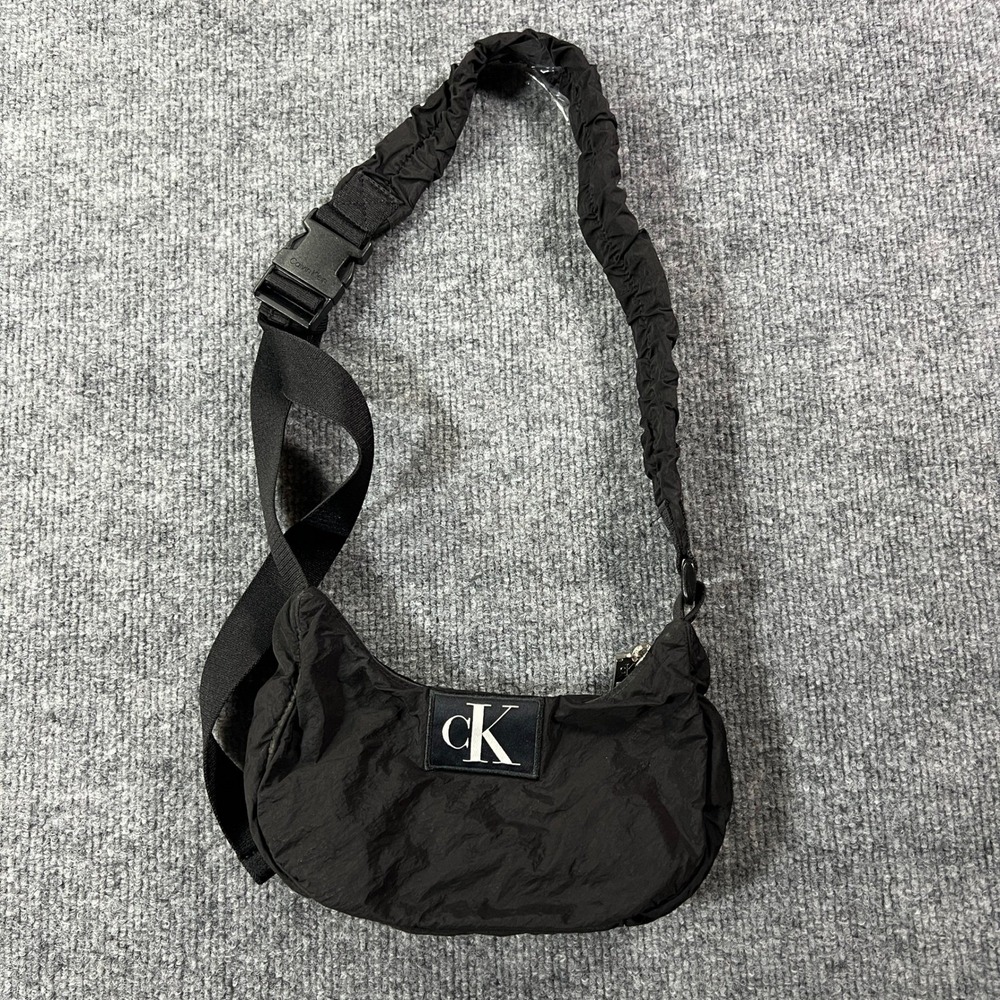 Calvin Klein Jeans Black Nylon Ruched Strap Crossbody Bag CK Logo Crescent Purse